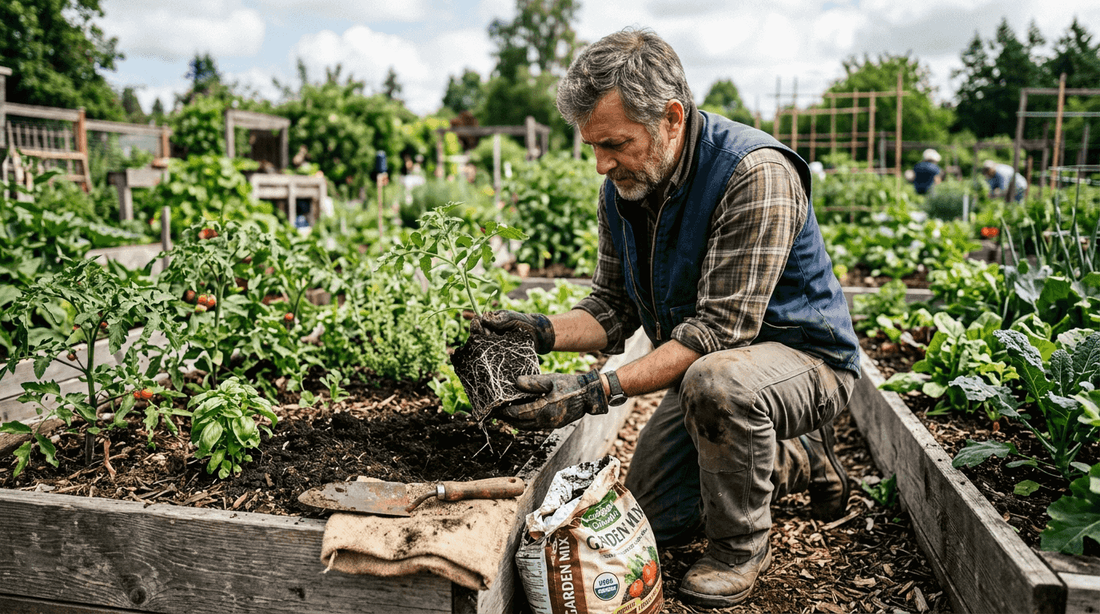 Gardener reveals seedling roots in outdoor soil