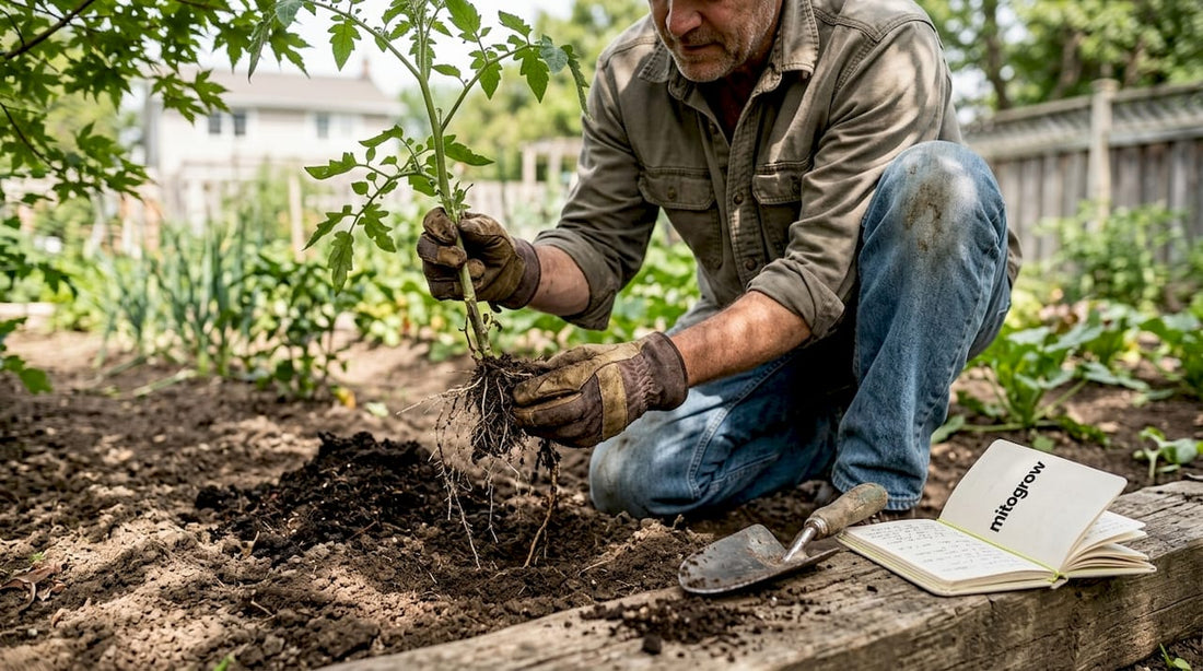 Gardener inspecting tomato roots in backyard soil