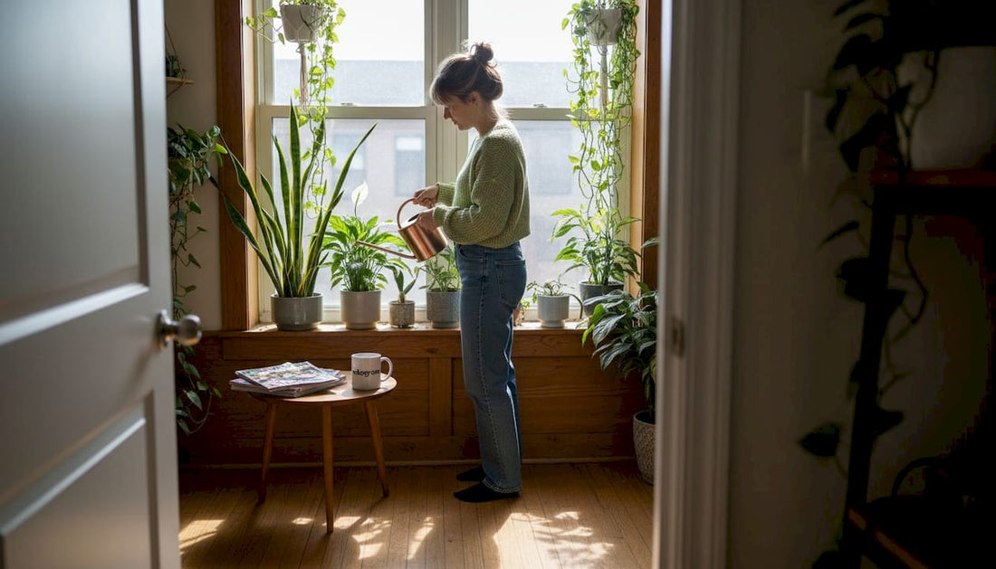 Woman watering indoor plants in bright living room