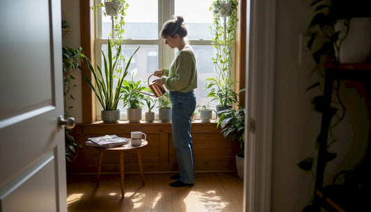 Woman watering indoor plants in bright living room