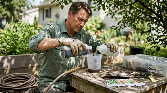 Gardener mixing fertilizers in garden setting