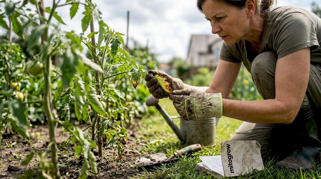 Gardener inspecting plants for fertilizer burn