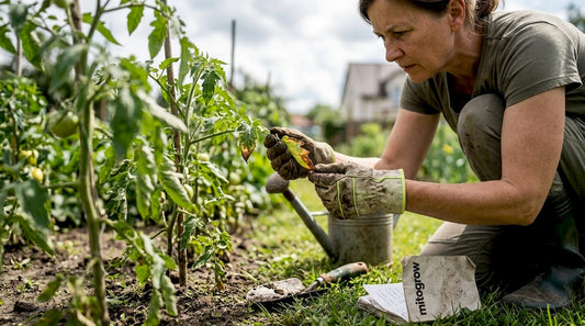 Gardener inspecting plants for fertilizer burn