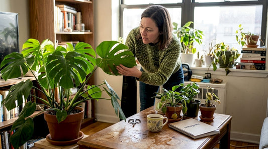 Woman inspecting indoor plants near window