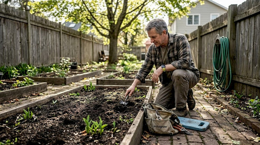 Gardener preparing soil in backyard beds