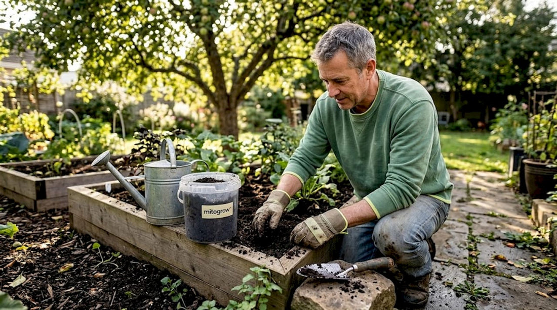 Gardener spreading compost in backyard bed