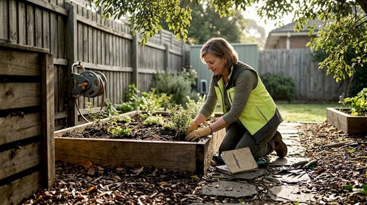 Woman planting native shrub in backyard garden