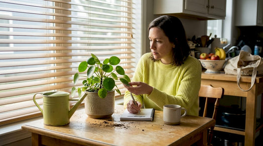 Person taking notes while observing a houseplant