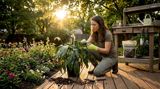 Woman checking wilting houseplant near window