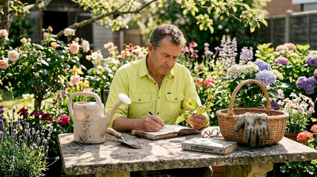 Gardener recording troubleshooting notes outdoors