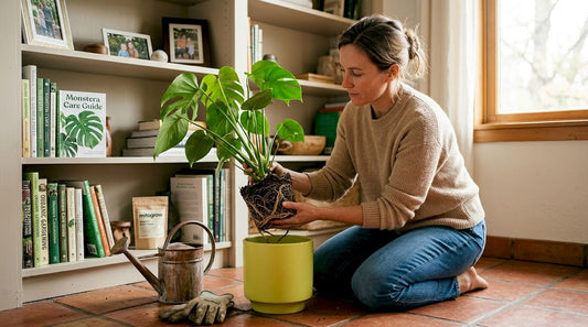 Woman inspecting indoor plant roots
