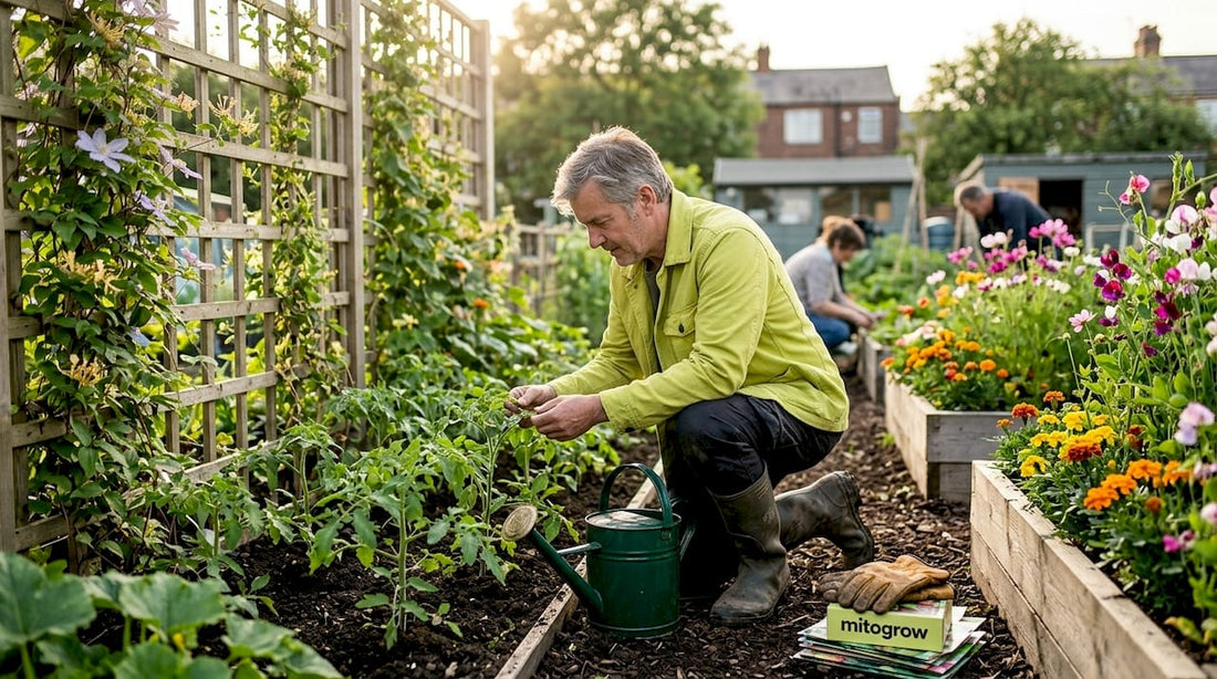 Gardener inspecting plants in home garden