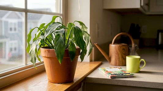 Drooping houseplant on bright kitchen windowsill