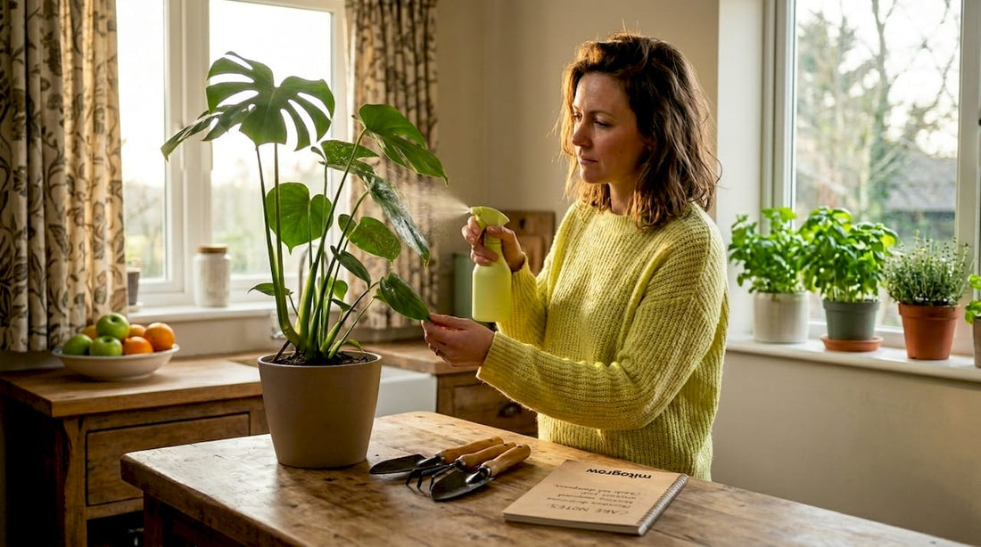 Person misting indoor leafy plant