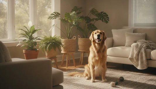 Happy dog sitting beside lush green houseplants in a bright sunlit living room