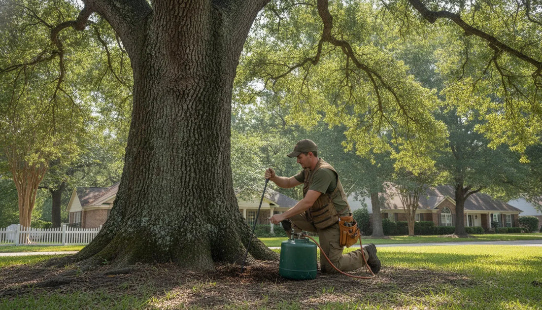 Arborist inspecting tree health in suburban landscape