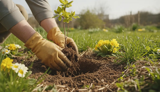 Hands planting a young tree in fresh garden soil as part of early root establishment