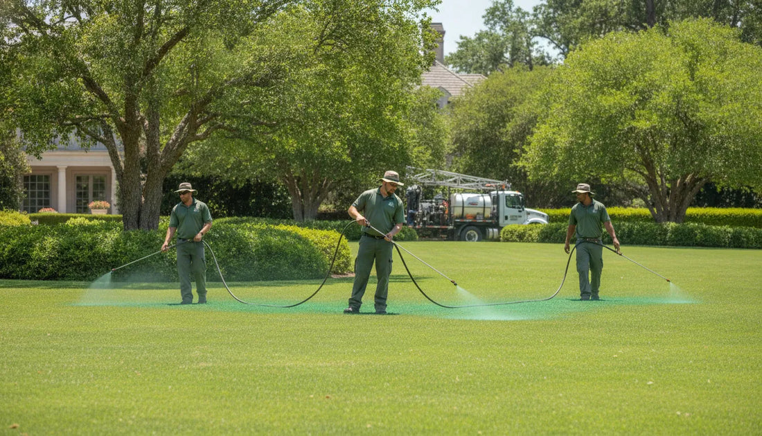 Commercial landscaping crew applying a mitogrow biostimulant treatment across a large professionally maintained lawn