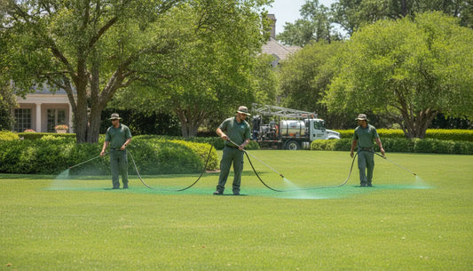 Commercial landscaping crew applying a mitogrow biostimulant treatment across a large professionally maintained lawn