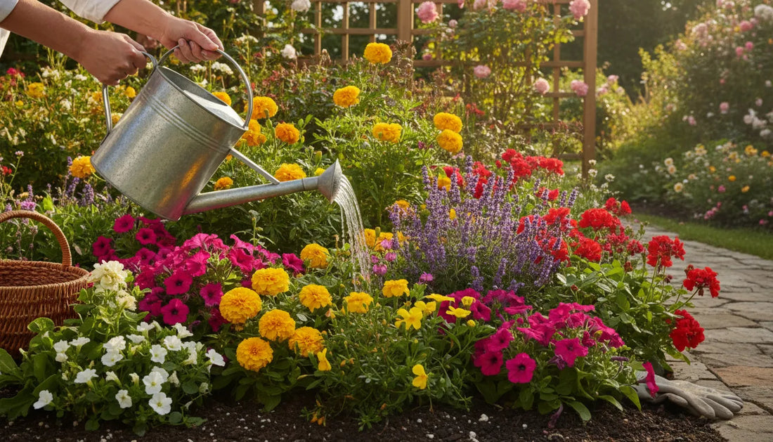 Gardener applying a biostimulant to flowering plants in an outdoor garden bed