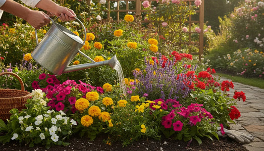 Gardener applying a biostimulant to flowering plants in an outdoor garden bed