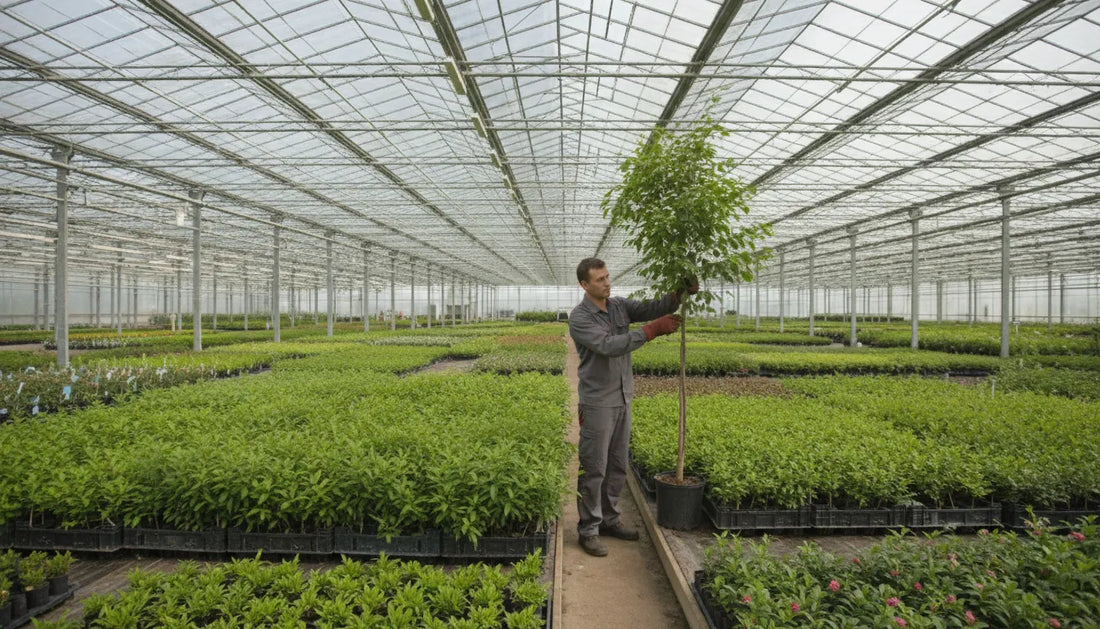 Nursery worker inspecting healthy young tree saplings in a commercial greenhouse