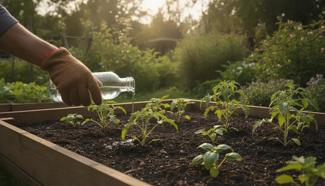Gardener applying a biostimulant to an organic garden bed