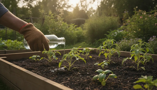 Gardener applying a biostimulant to an organic garden bed