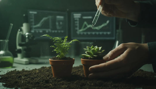 Gardener comparing biostimulant vs fertilizer options for healthy plants