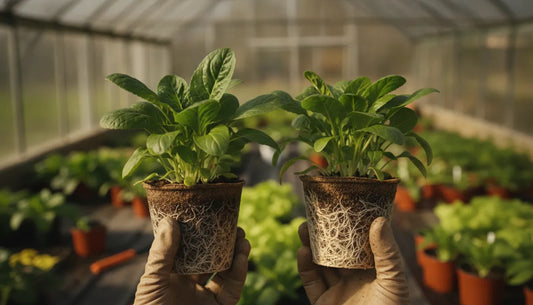 Side-by-side comparison of two healthy potted seedlings with strong root systems