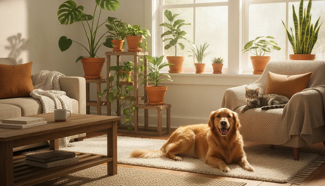 A cat and a dog resting contentedly near a collection of lush green indoor houseplants in a bright home