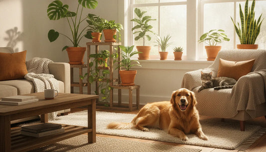 A cat and a dog resting contentedly near a collection of lush green indoor houseplants in a bright home