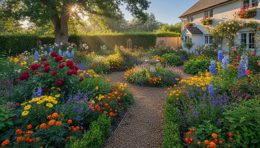 Vibrant home garden with colorful flower beds, healthy shrubs, and thriving outdoor plants in morning sunlight