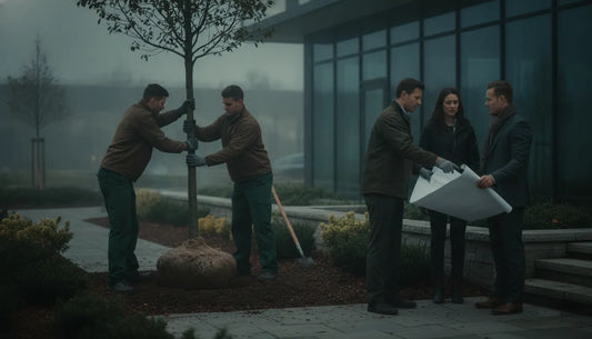Professional landscapers installing a young tree at a commercial property