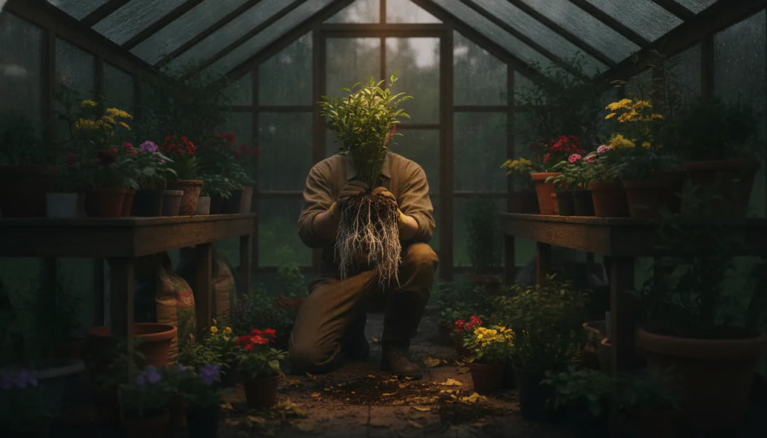 Home gardener examining healthy roots and potted plants