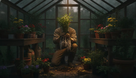 Home gardener examining healthy roots and potted plants