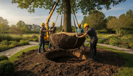 Professional arborists planting a large mature shade tree into prepared soil