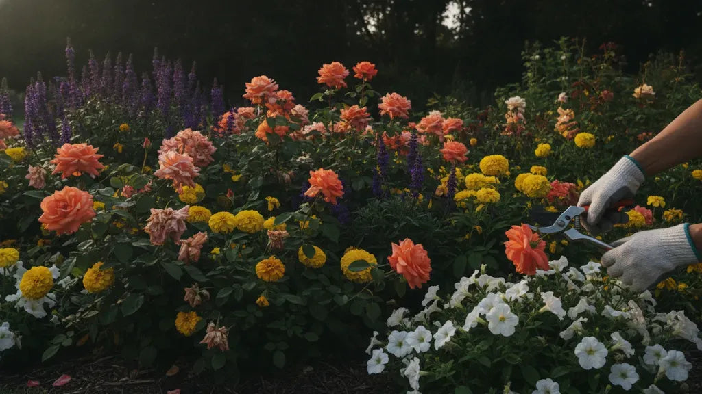Hands deadheading flowering plants to get more blooms from flowers