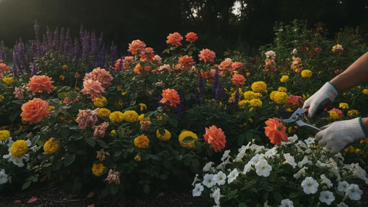 Hands deadheading flowering plants to get more blooms from flowers