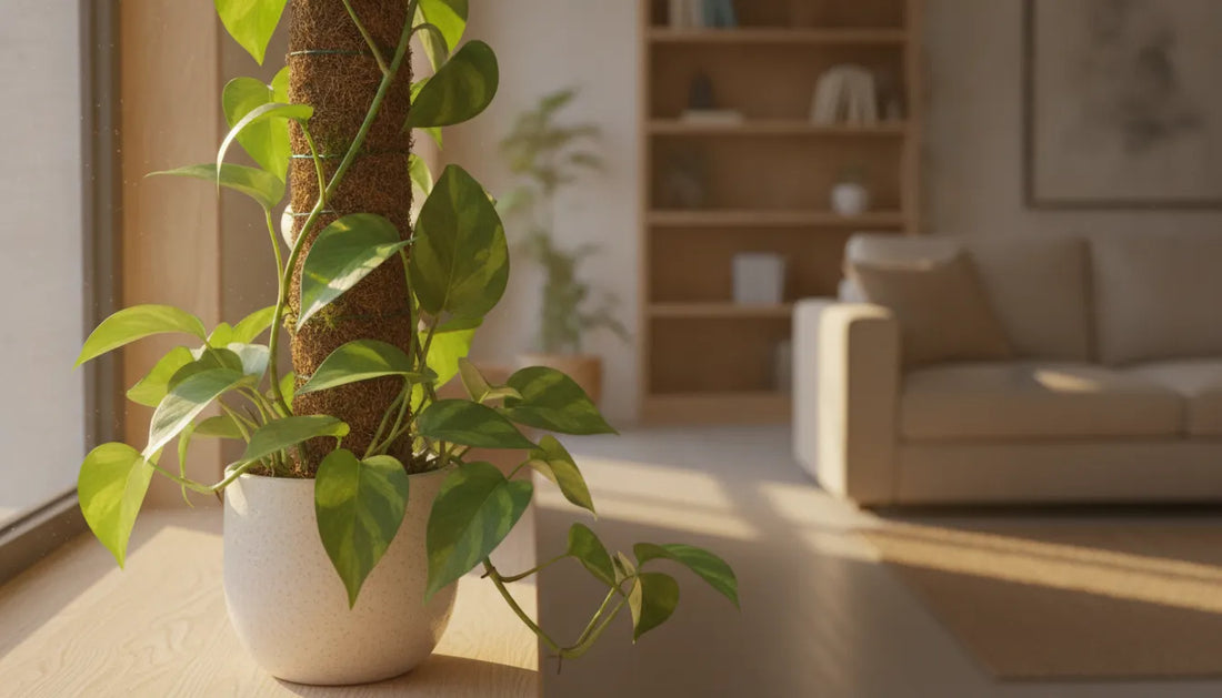 Healthy pothos with lush leaves and climbing vines indoors