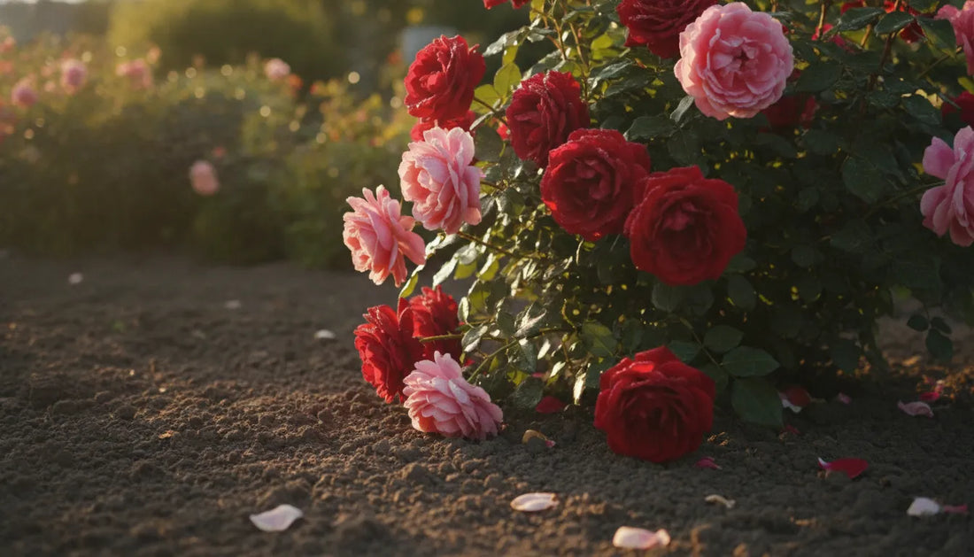 Healthy rose bush blooming in a sunny garden bed