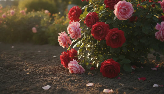 Healthy rose bush blooming in a sunny garden bed