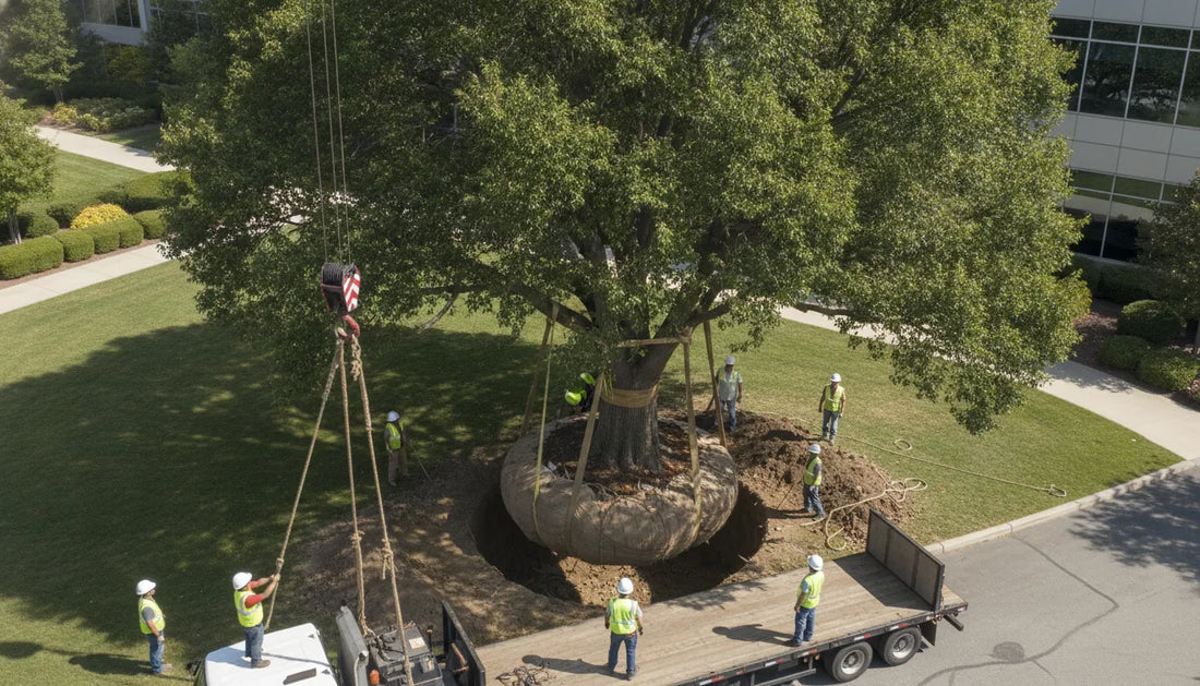 Arborists transplanting a large shade tree on a commercial property with burlap-wrapped root ball