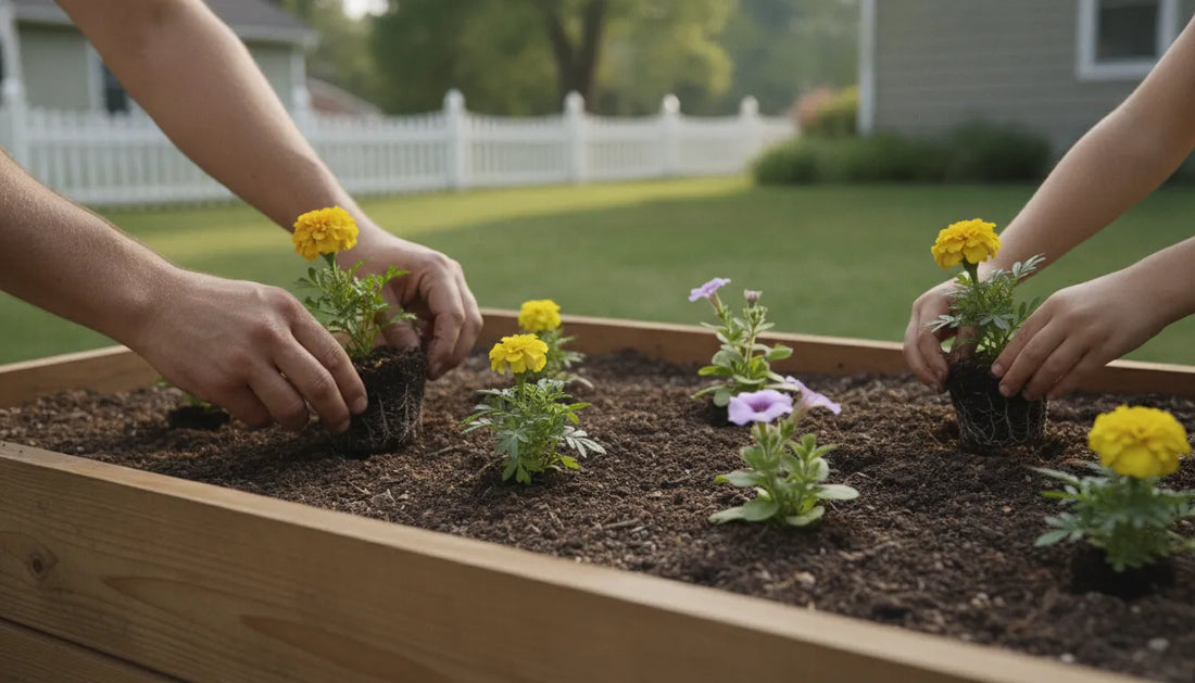 Beginner planting flowers with proper spacing in a garden bed