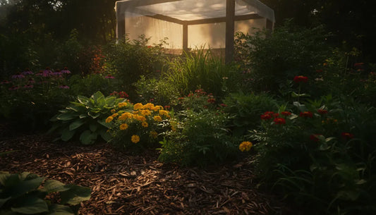 Outdoor garden bed protected from garden plant heat stress with mulch and shade cloth