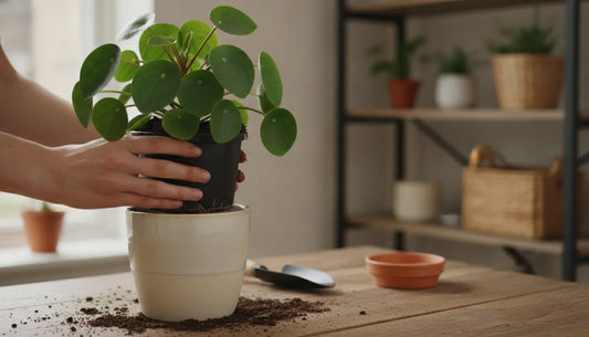 Gardener gently repotting a leafy indoor plant