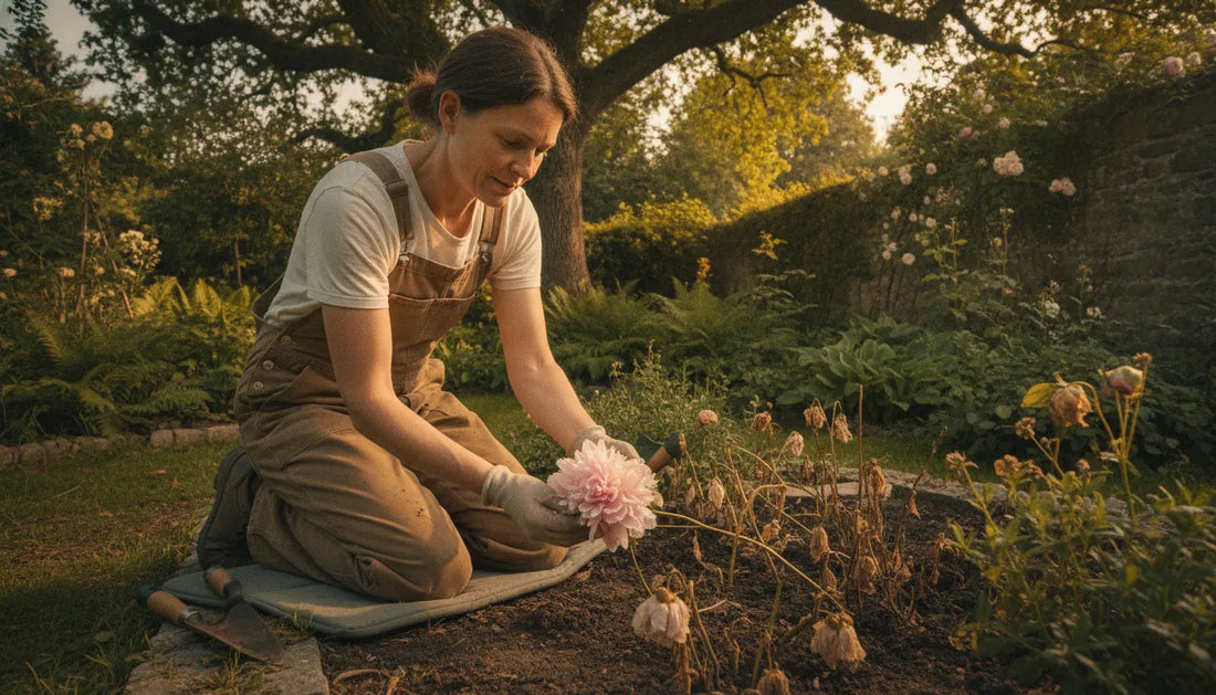 Gardener kneeling beside a flower bed examining wilting plants and dry soil
