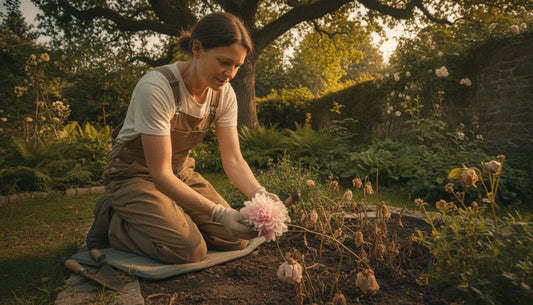 Gardener kneeling beside a flower bed examining wilting plants and dry soil