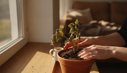 Person gently repotting a drooping houseplant on a windowsill, warm home interior with sunlight
