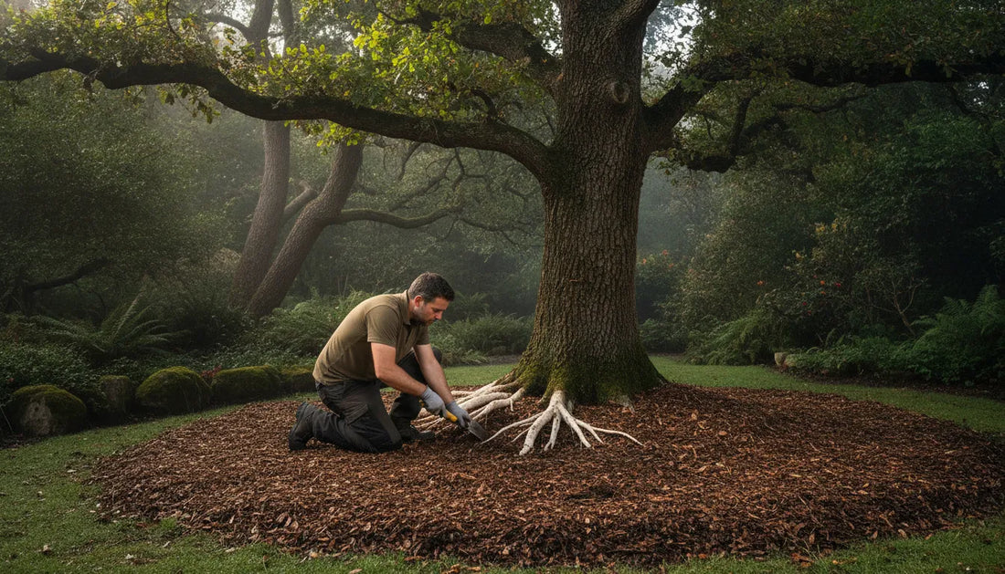 Arborist inspecting the root zone of a declining tree